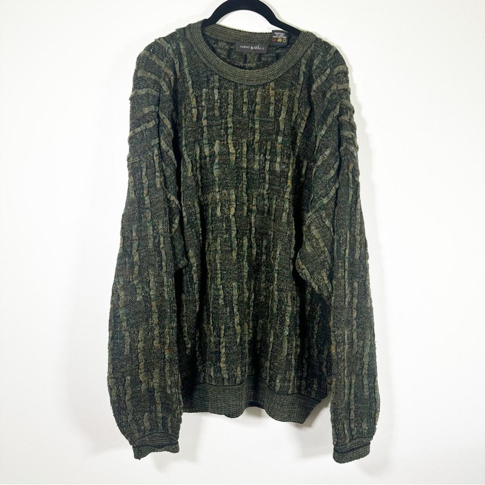 Jhane Barnes Green Sweater Rugged Line Pattern Men's Long Sleeve 3d knit VTG